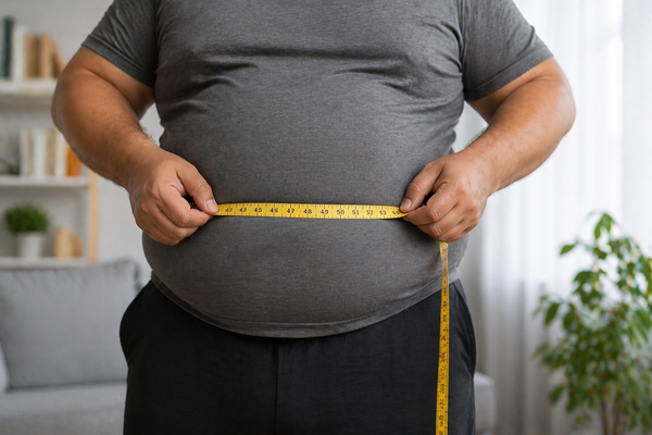 Ashwagandha for weight loss with fat man measuring waist using inch tape