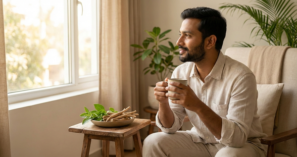 Indian man practicing calm morning routine with Ashwagandha, highlighting Ashwagandha benefits for men